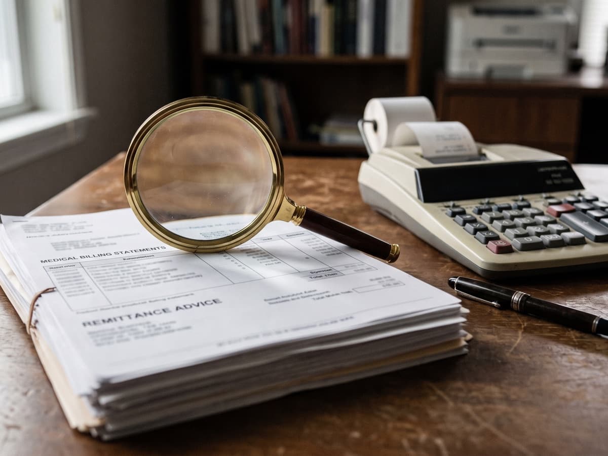 A magnifier over billing statements and a calculator, the records behind an OIG audit of Part B payments that exceeded billed charges.
