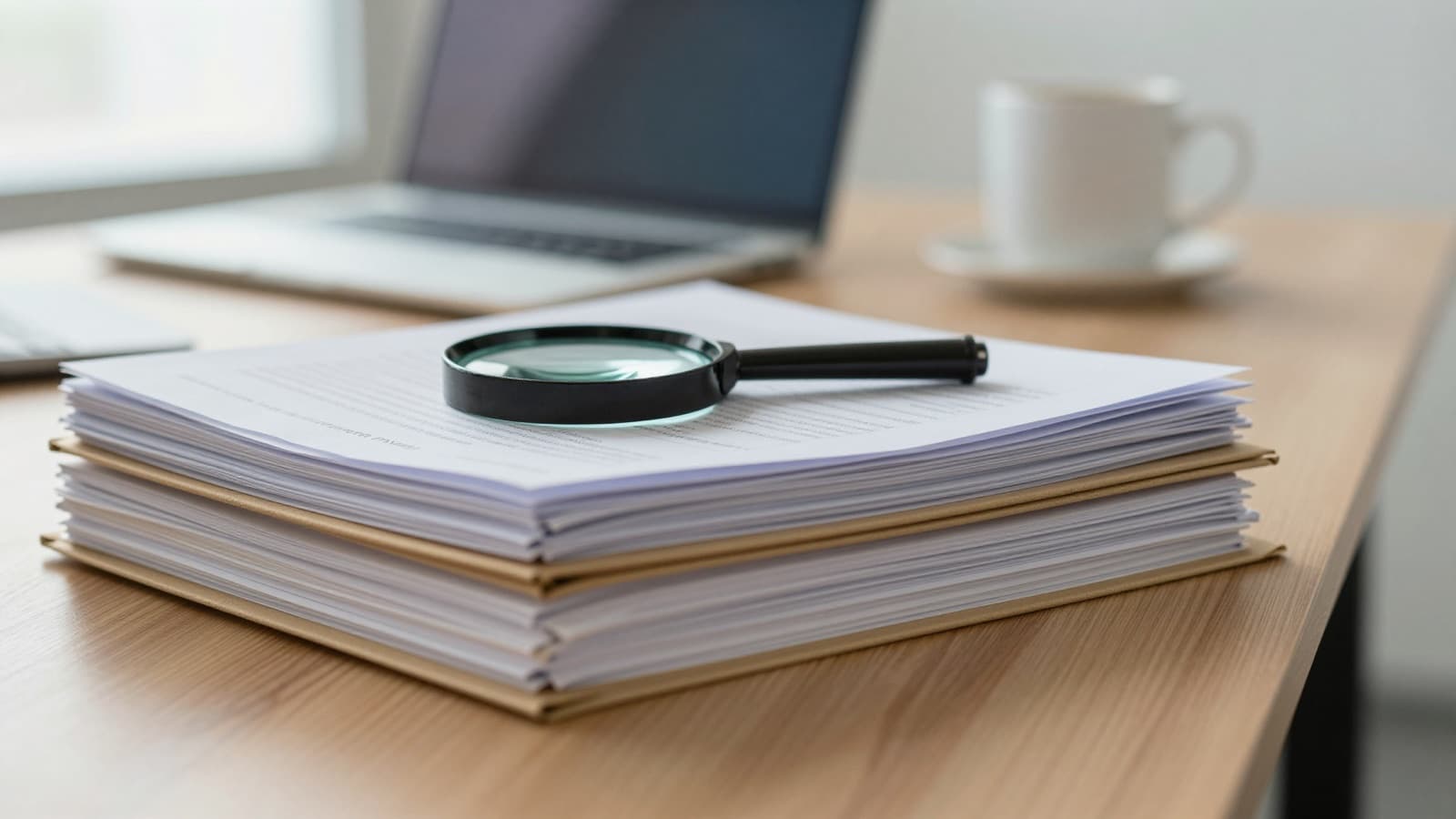 Editorial photo of a magnifier over stacked claim folders beside a laptop, signaling the rise in payer coding audits and denials.