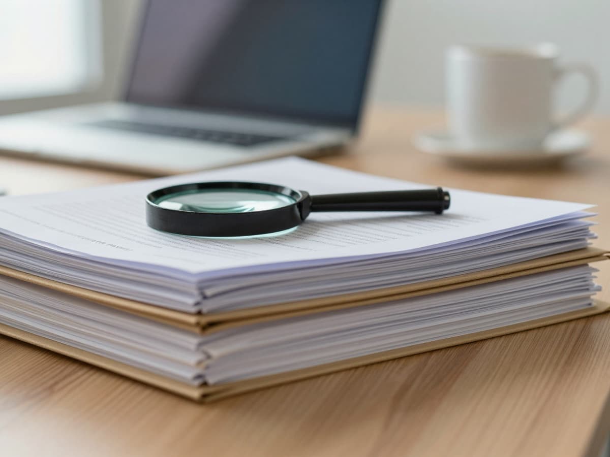 Editorial photo of a magnifier over stacked claim folders beside a laptop, signaling the rise in payer coding audits and denials.