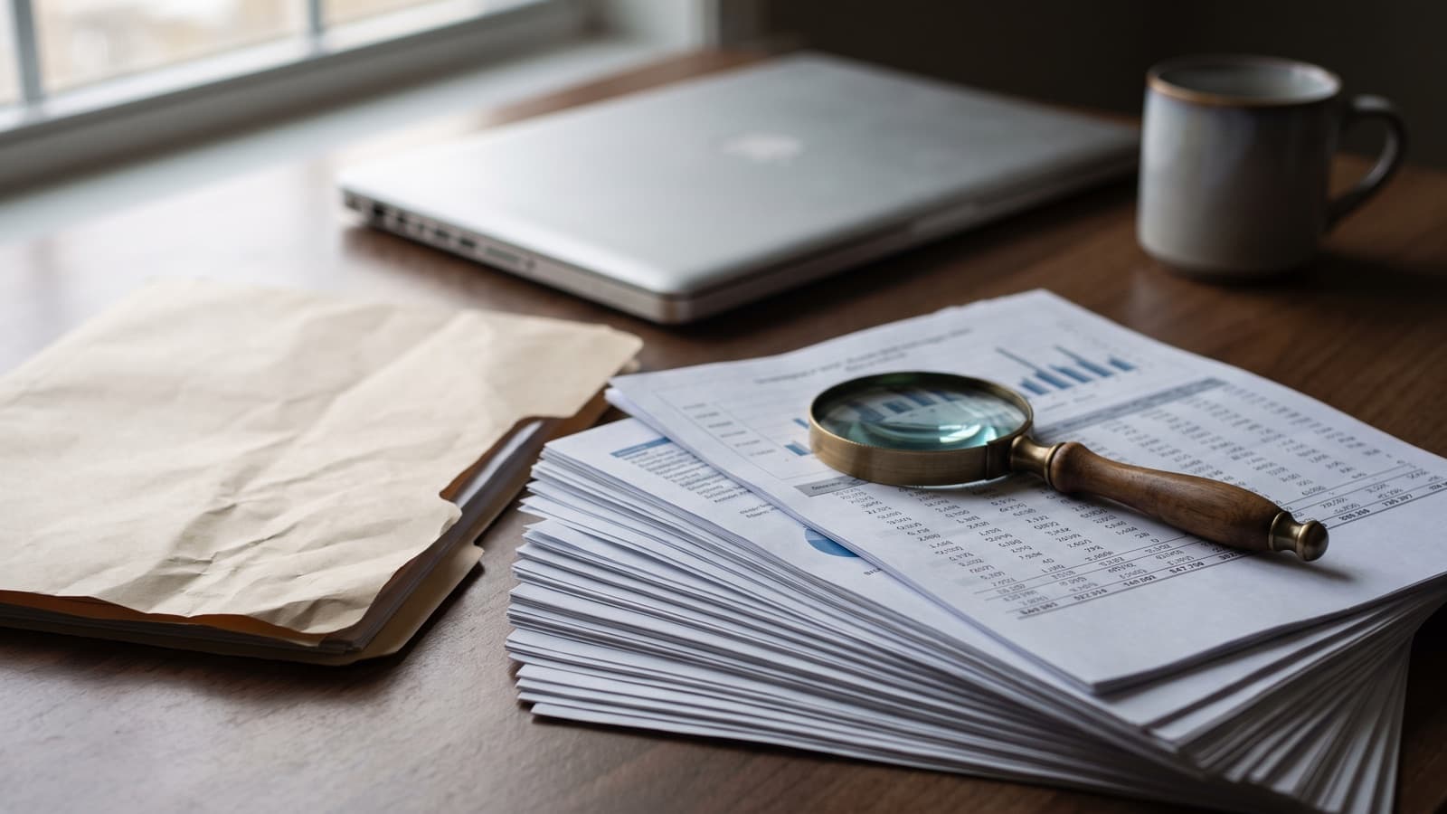 Printed billing spreadsheet and a records folder under a magnifying glass, the kind of self-audit a PEPPER target area review starts with.