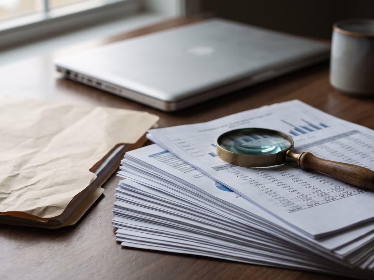 Printed billing spreadsheet and a records folder under a magnifying glass, the kind of self-audit a PEPPER target area review starts with.