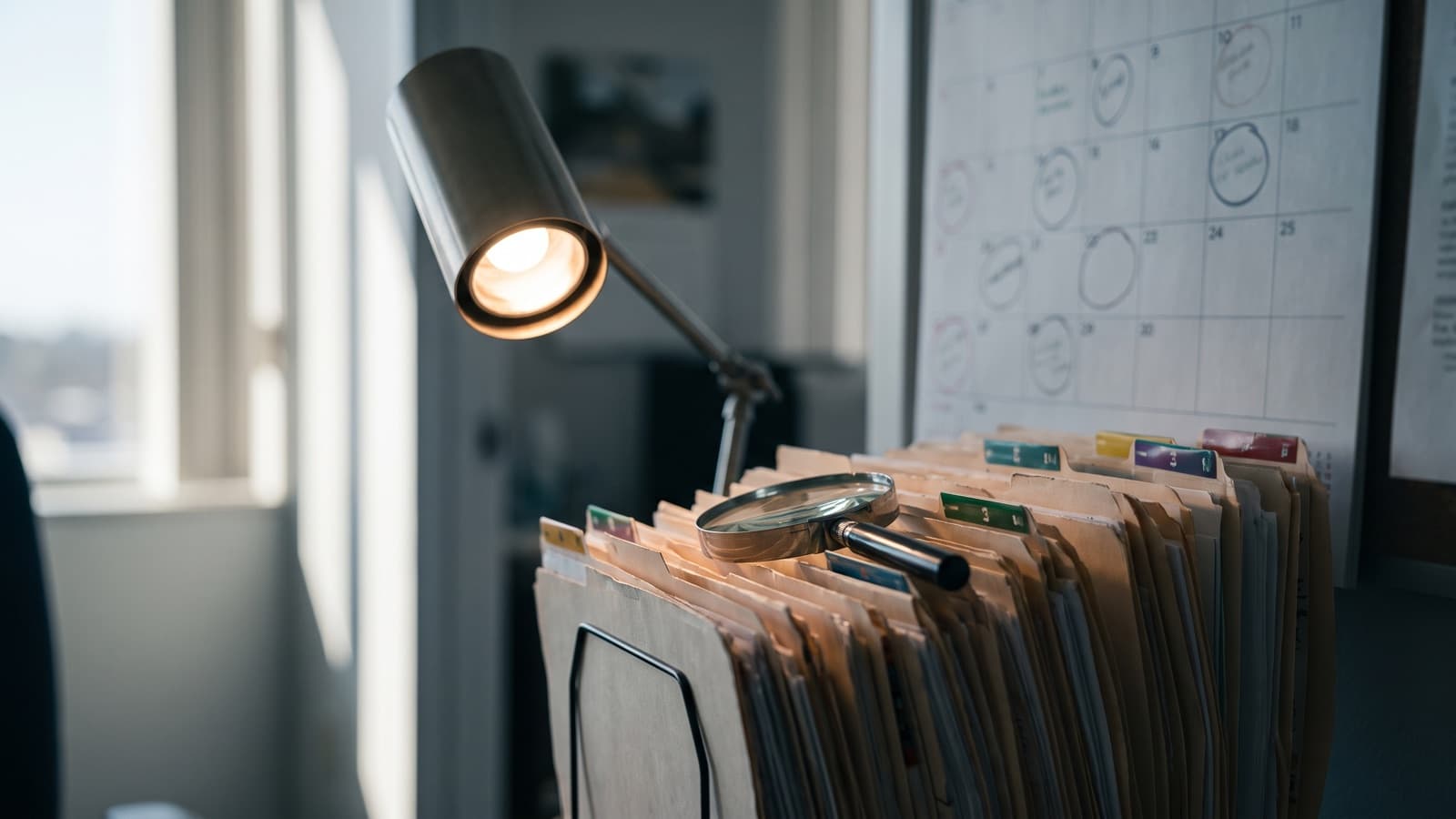 A spotlight and magnifier over stacked Medicare Advantage medical-record folders beside a calendar, marking the PY2024 RADV audit deadline.