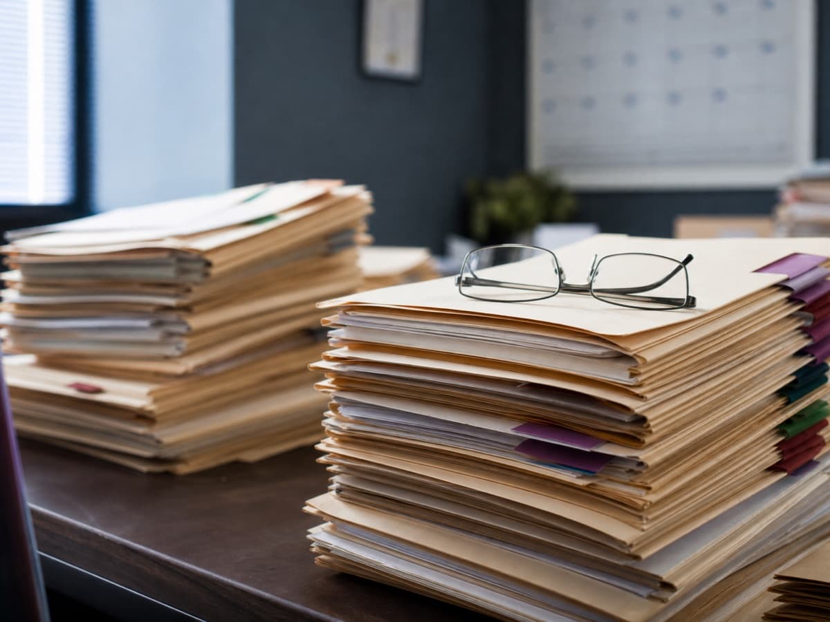 Stacks of tabbed medical record folders piled on a government office desk, representing CMS RADV audits expanding to 550+ MA plans