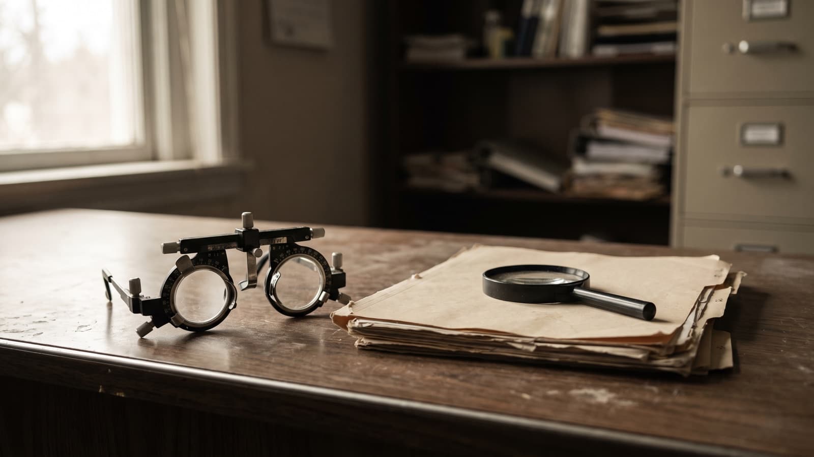 An optometric trial lens frame beside a stack of unlabeled record folders and a magnifying glass, for the SMRC nursing facility E/M review.