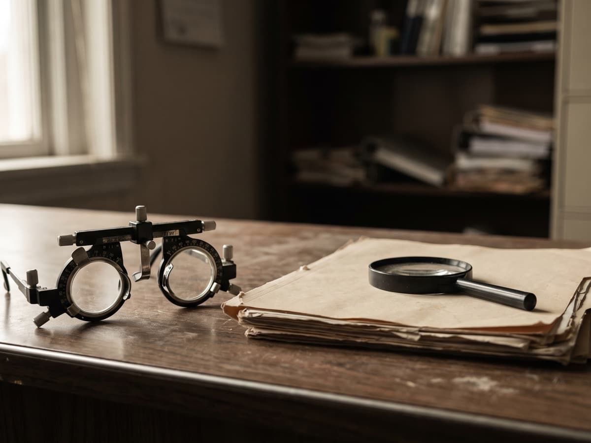 An optometric trial lens frame beside a stack of unlabeled record folders and a magnifying glass, for the SMRC nursing facility E/M review.