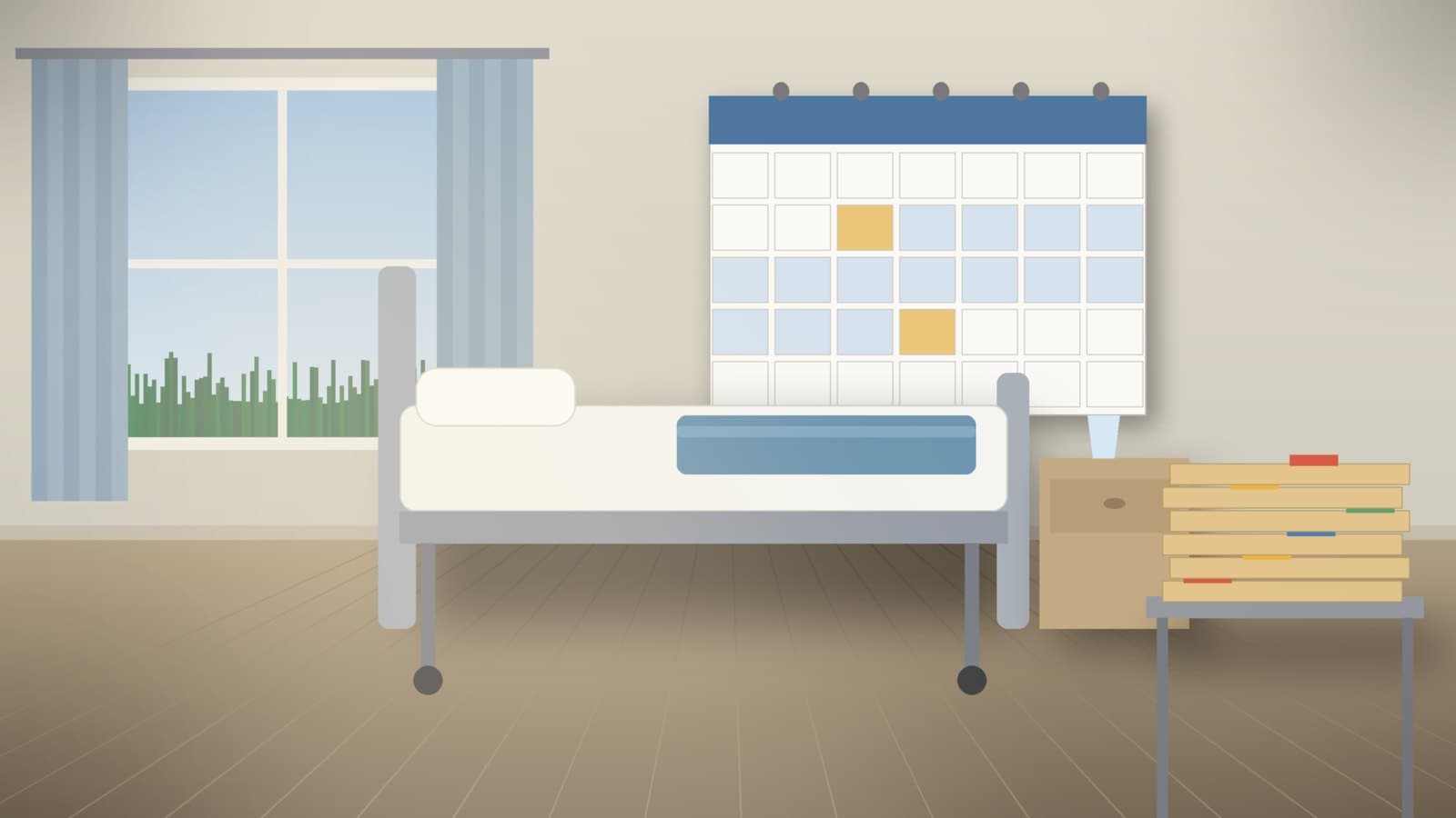 A skilled nursing facility room with a made bed, a wall calendar with a shaded stay span, and claim folders, for a CMS POS 32 claims look-back