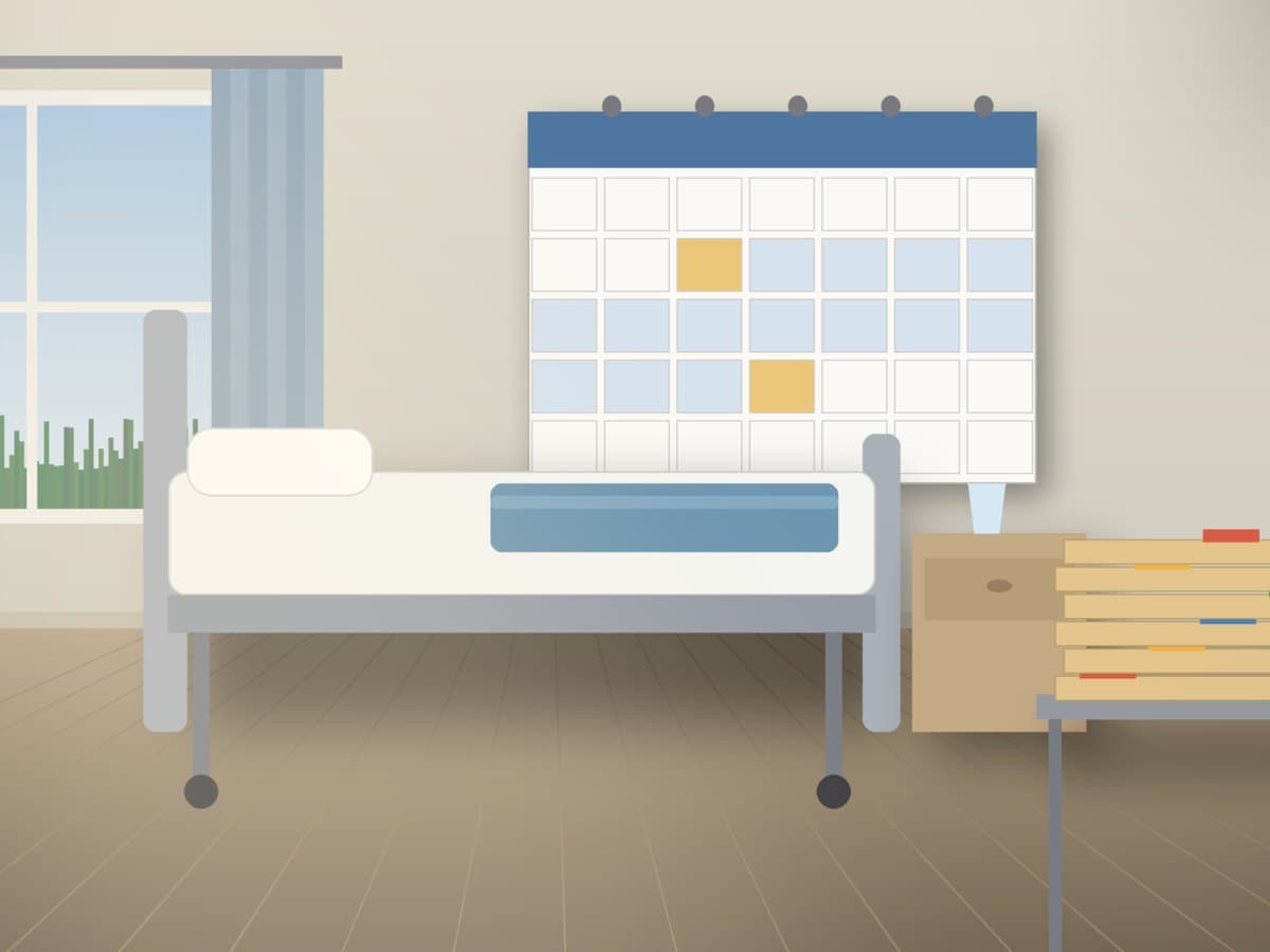 A skilled nursing facility room with a made bed, a wall calendar with a shaded stay span, and claim folders, for a CMS POS 32 claims look-back