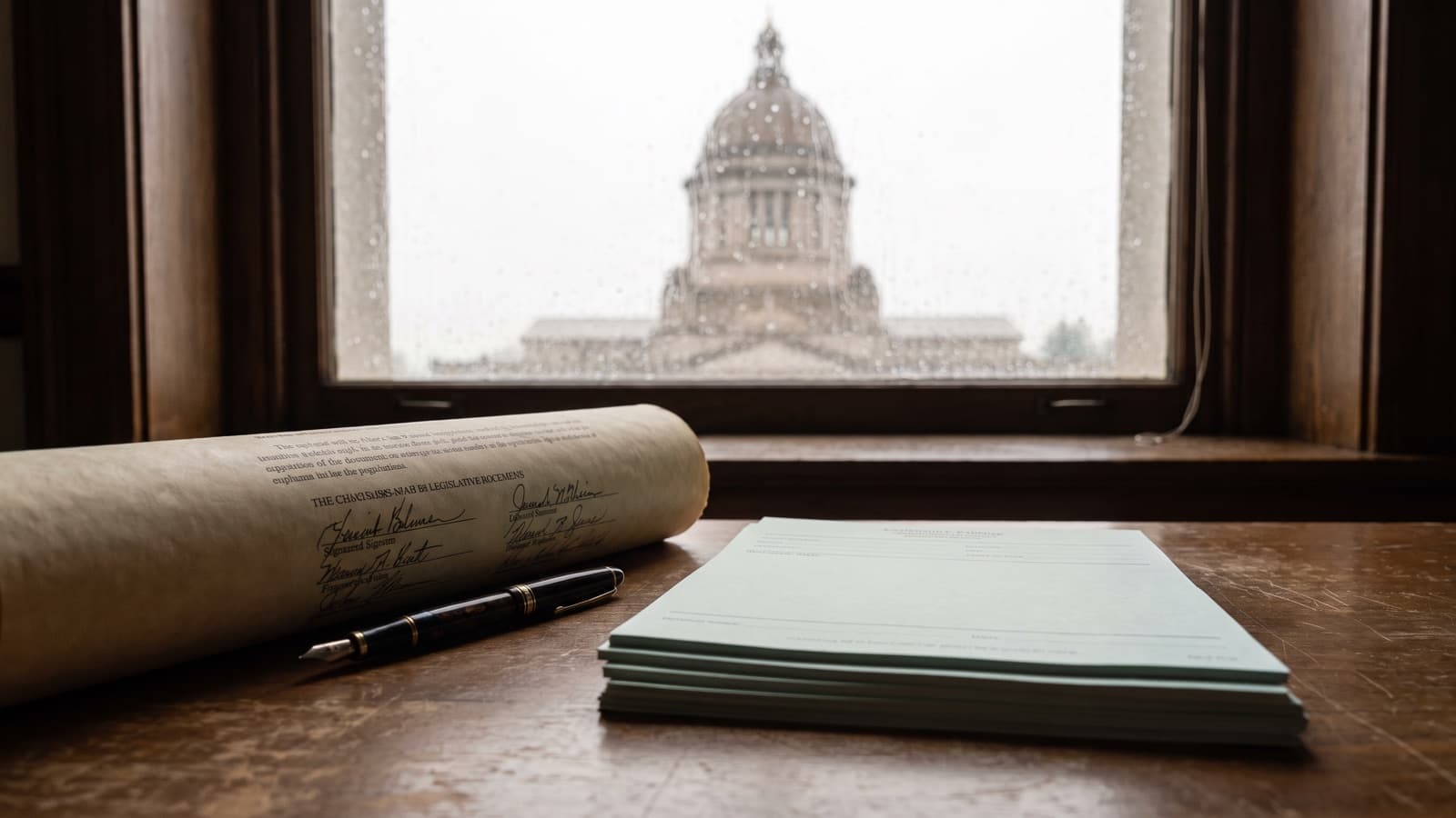 A signed state legislative bill beside a stack of medical claim forms, marking new 2026 laws that restrict AI-only claim downcoding.
