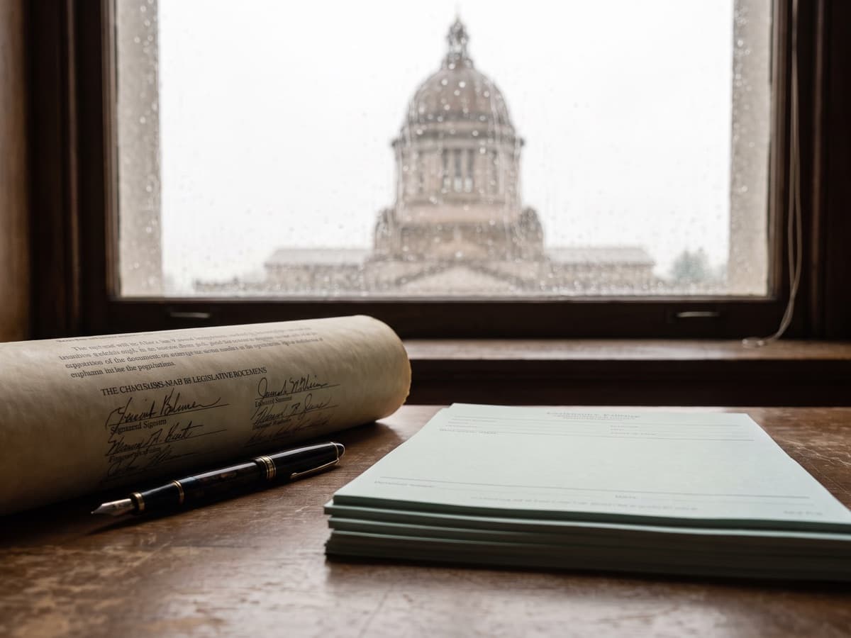 A signed state legislative bill beside a stack of medical claim forms, marking new 2026 laws that restrict AI-only claim downcoding.