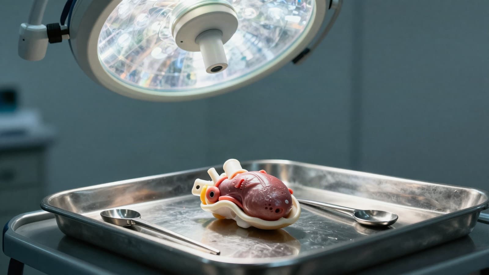 An anatomical heart model on a sterile surgical tray under an OR light, illustrating the CMS TAVR coverage decision finalized September 2026.
