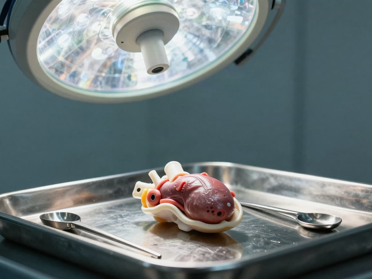 An anatomical heart model on a sterile surgical tray under an OR light, illustrating the CMS TAVR coverage decision finalized September 2026.