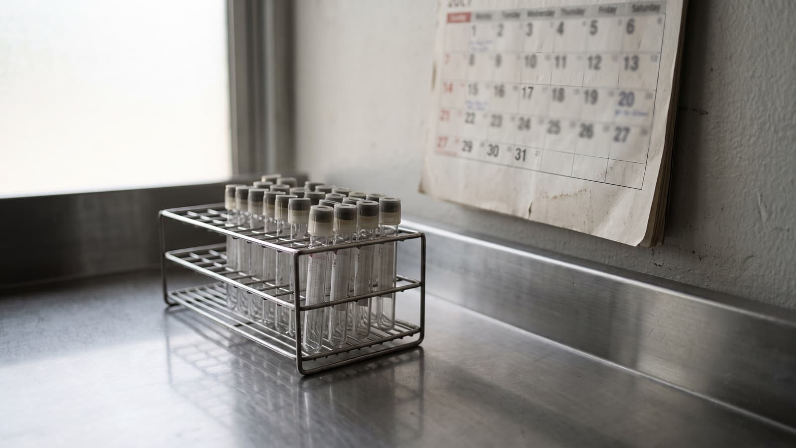 A rack of empty blood collection tubes on a lab counter beside a paper wall calendar, illustrating new payer lab test frequency limits