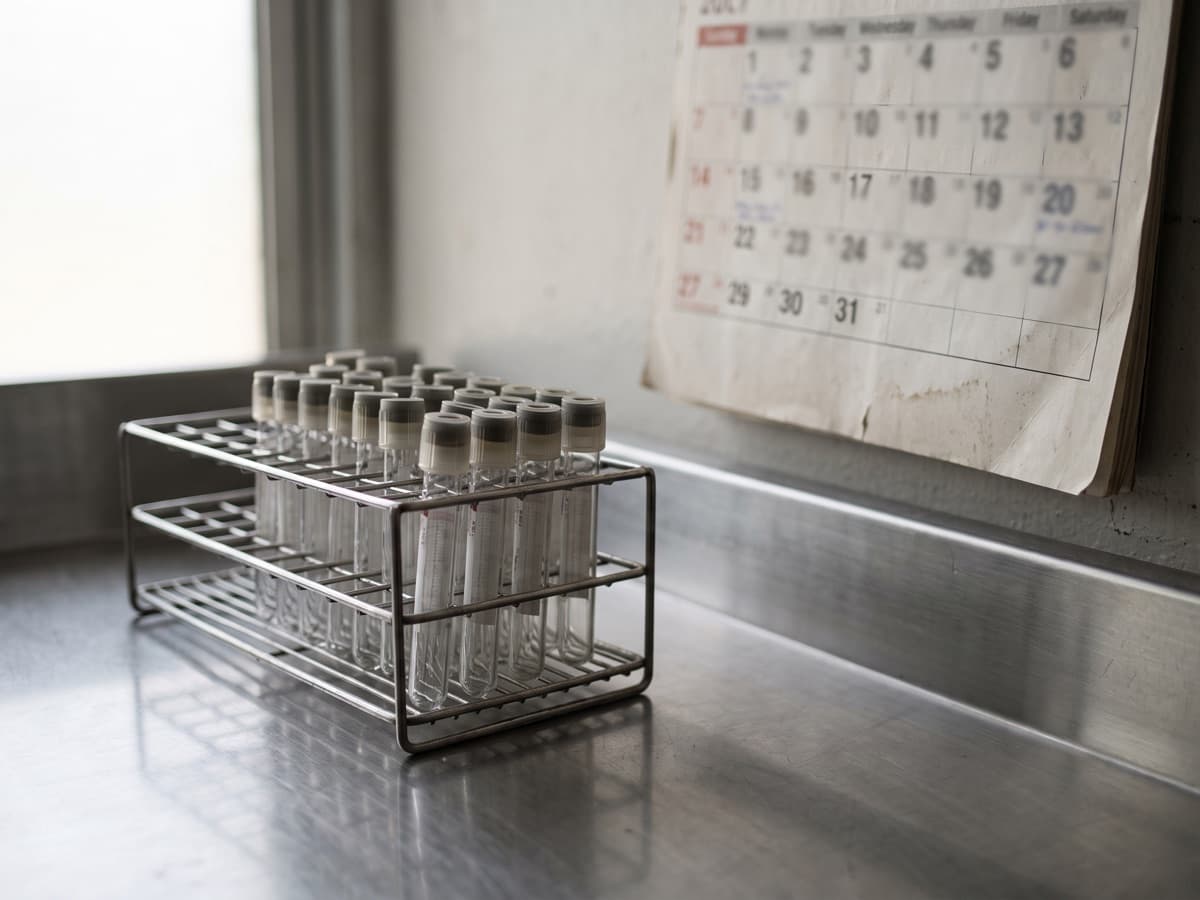 A rack of empty blood collection tubes on a lab counter beside a paper wall calendar, illustrating new payer lab test frequency limits
