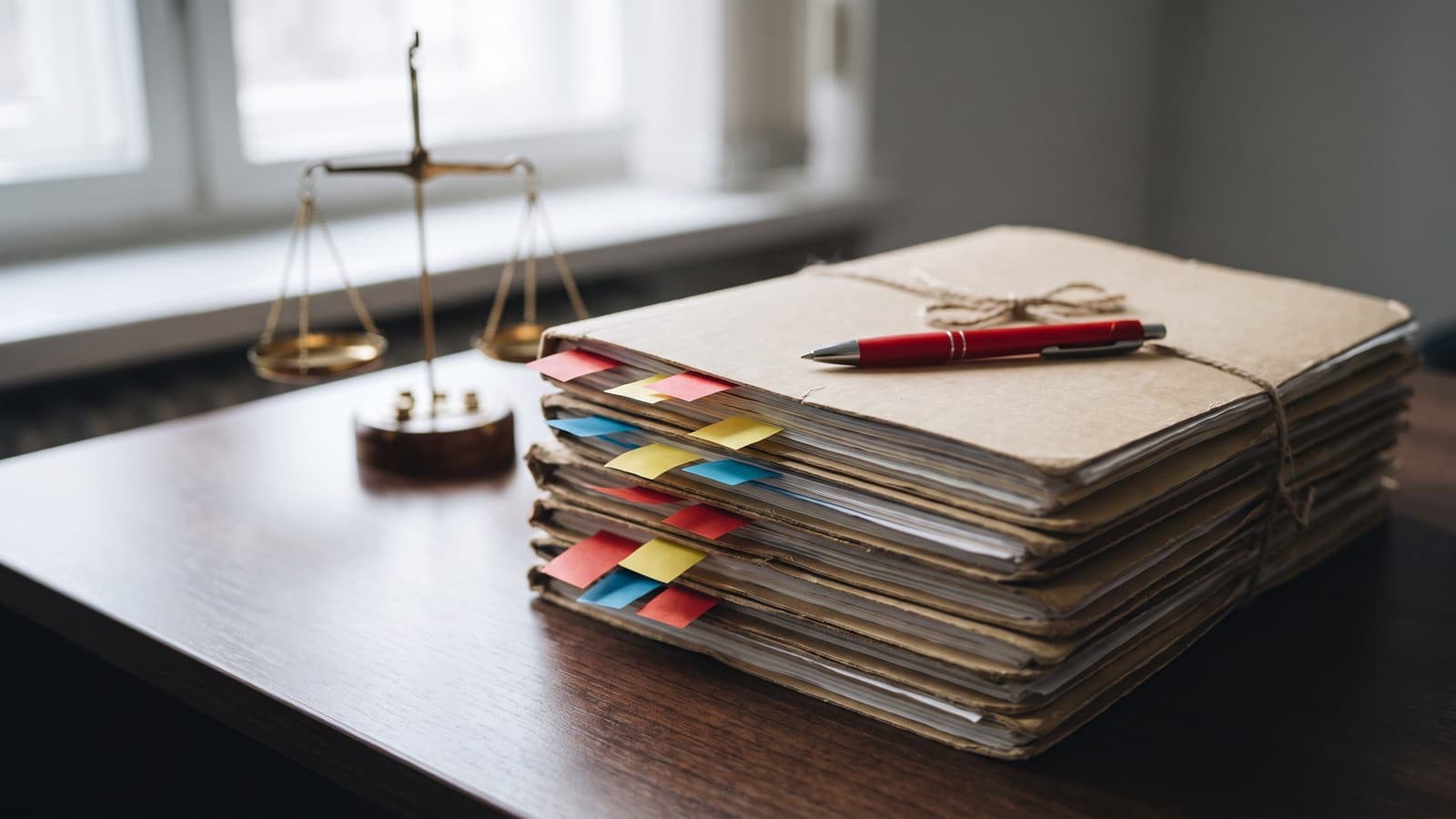 Tied stacks of medical file folders with colored page flags and a red pen beside a brass justice scale, evoking The Villages Health Medicare Advantage FCA settlement.