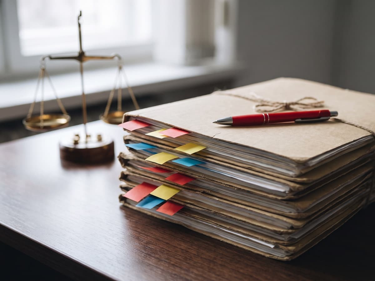 Tied stacks of medical file folders with colored page flags and a red pen beside a brass justice scale, evoking The Villages Health Medicare Advantage FCA settlement.