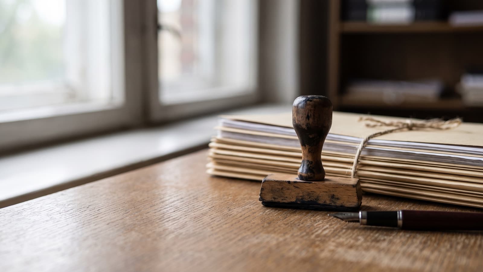 Stack of manila claim folders, a rubber stamp and a pen on a wooden desk, depicting WISeR prior authorization review of Medicare services