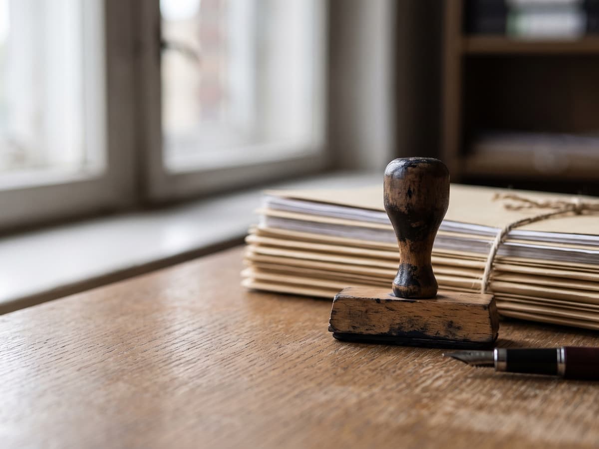 Stack of manila claim folders, a rubber stamp and a pen on a wooden desk, depicting WISeR prior authorization review of Medicare services